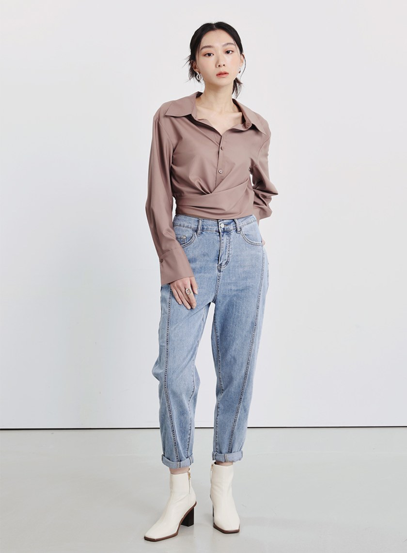 圍裹式造型長袖襯衫